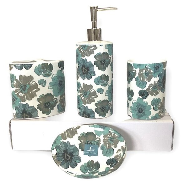 Floral Bath  Accessory Ceramic Set Sun Splash Collection White Blue 4 Piece Set - Picture 2 of 9